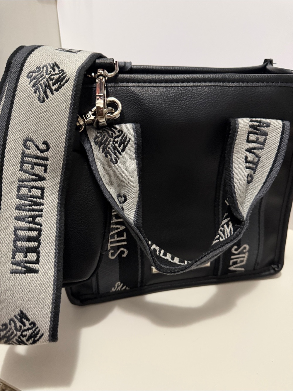 Steve Madden Black Crossbody Tote with Grey Branded Strap